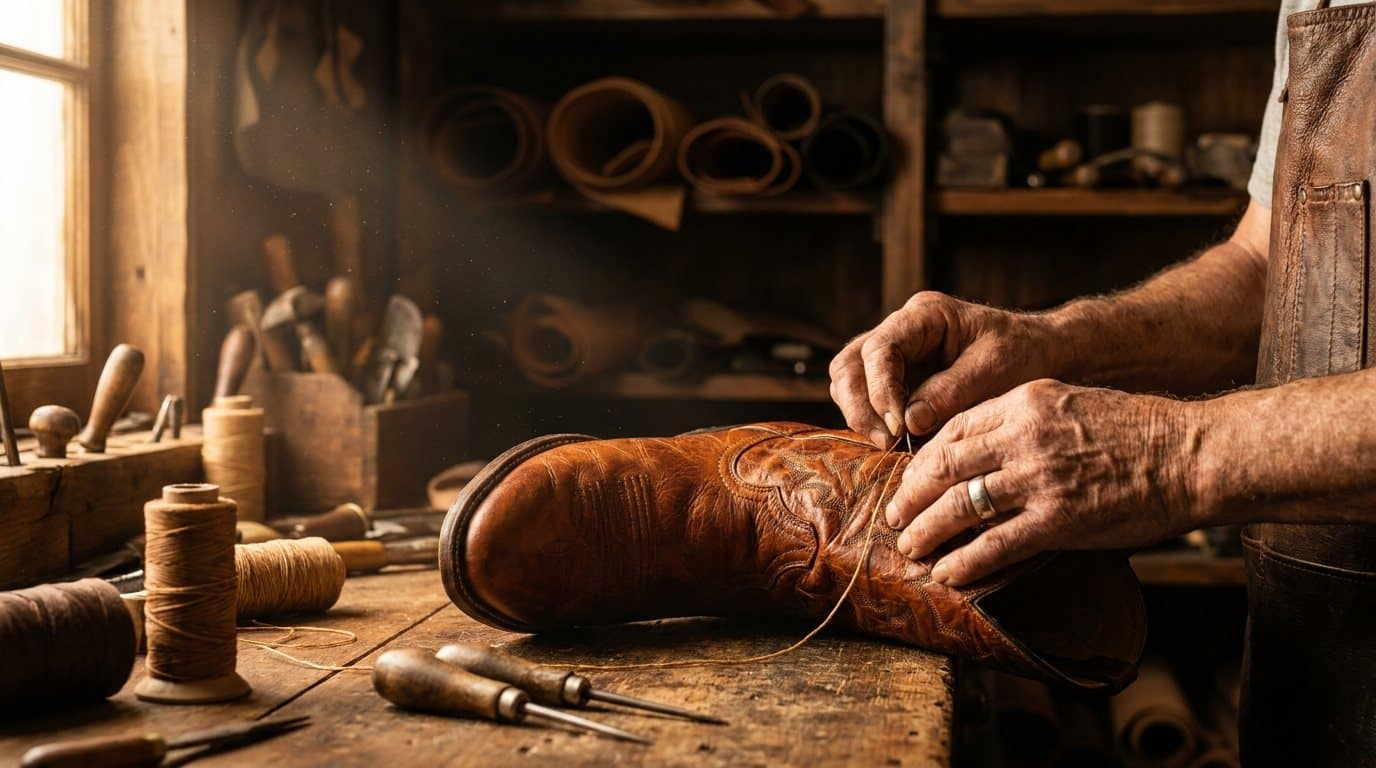 A master bootmaker hand-stitching a cognac leather western boot in warm workshop light