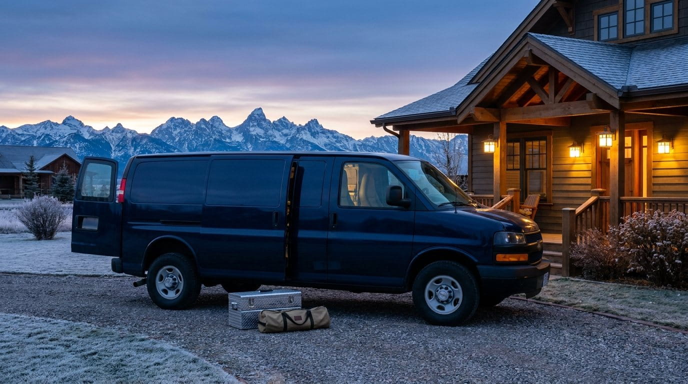 A clean navy service van in a frosty driveway at dawn with the Wyoming mountains behind