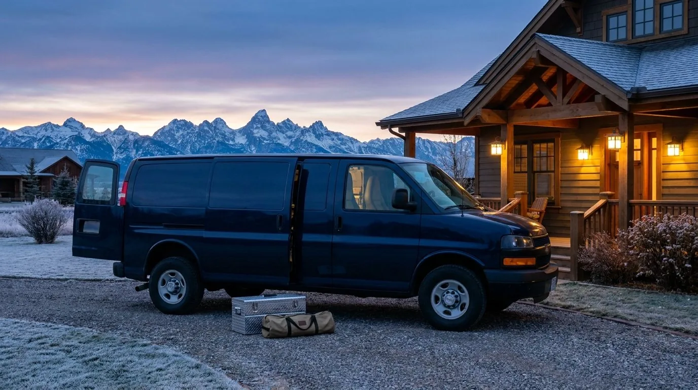 A clean navy service van in a frosty driveway at dawn with the Wyoming mountains behind