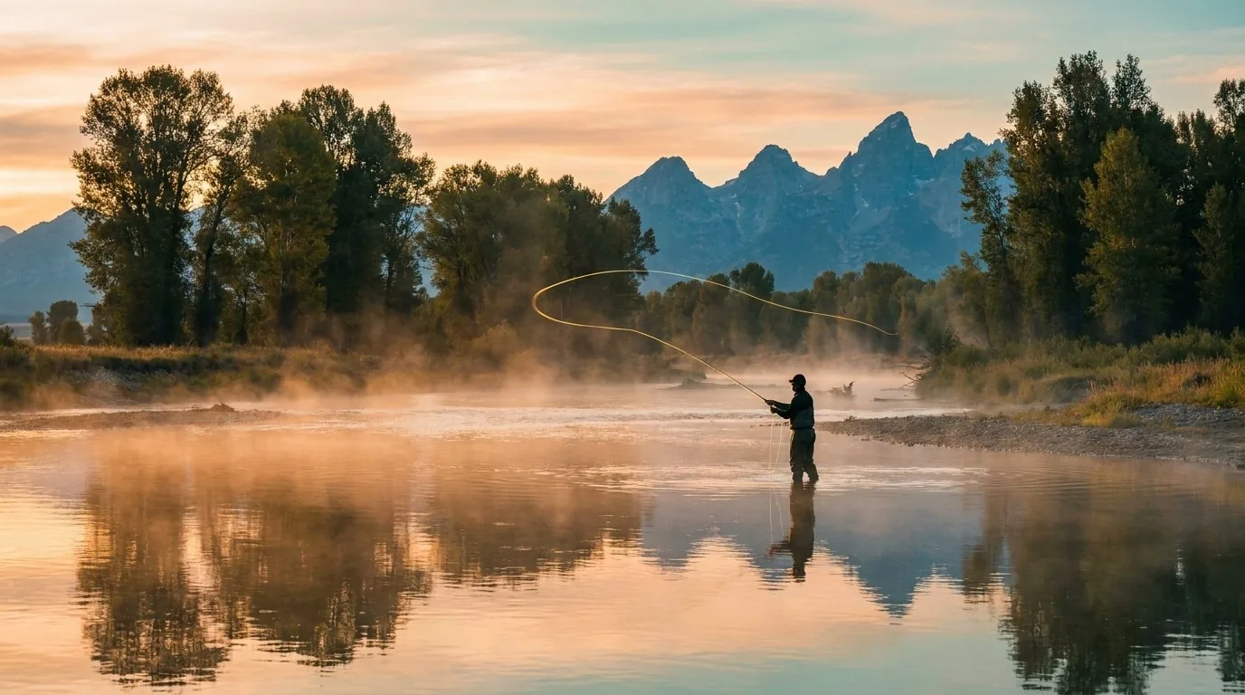 An angler mid-cast in a braided Wyoming river at dawn, line arcing through golden mist