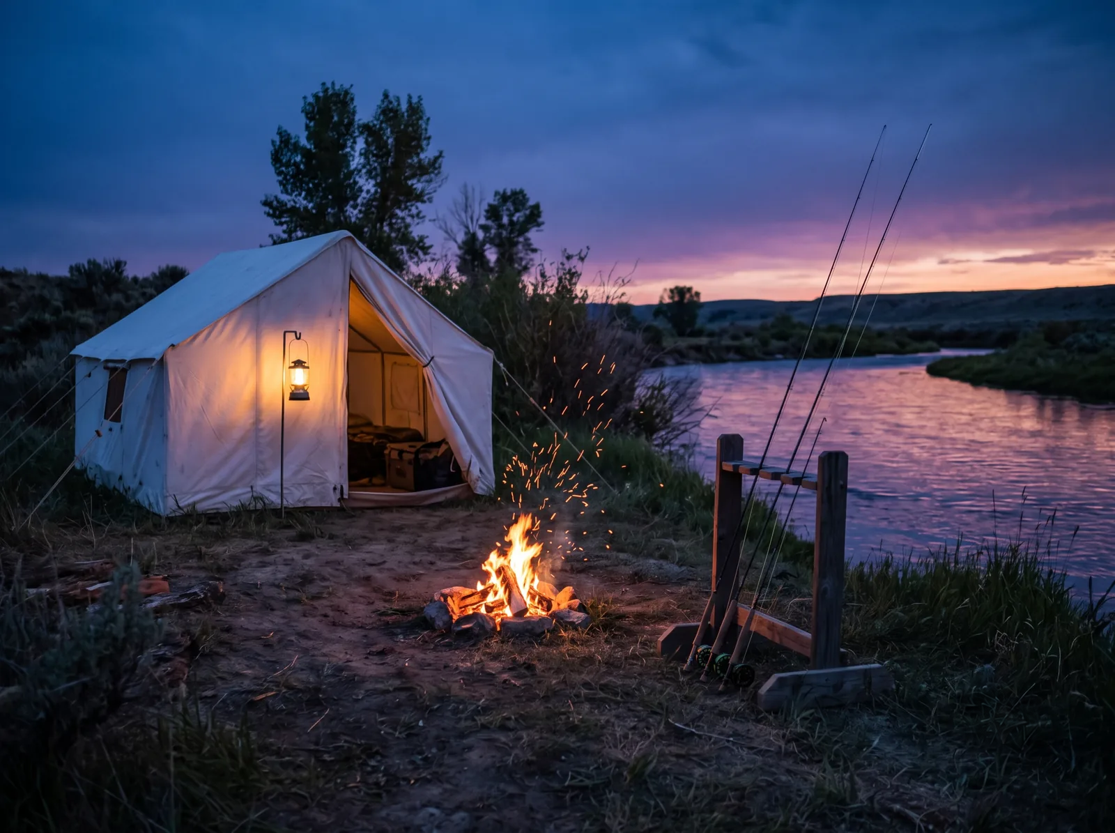 Riverside camp with wall tent at dusk on the Greys