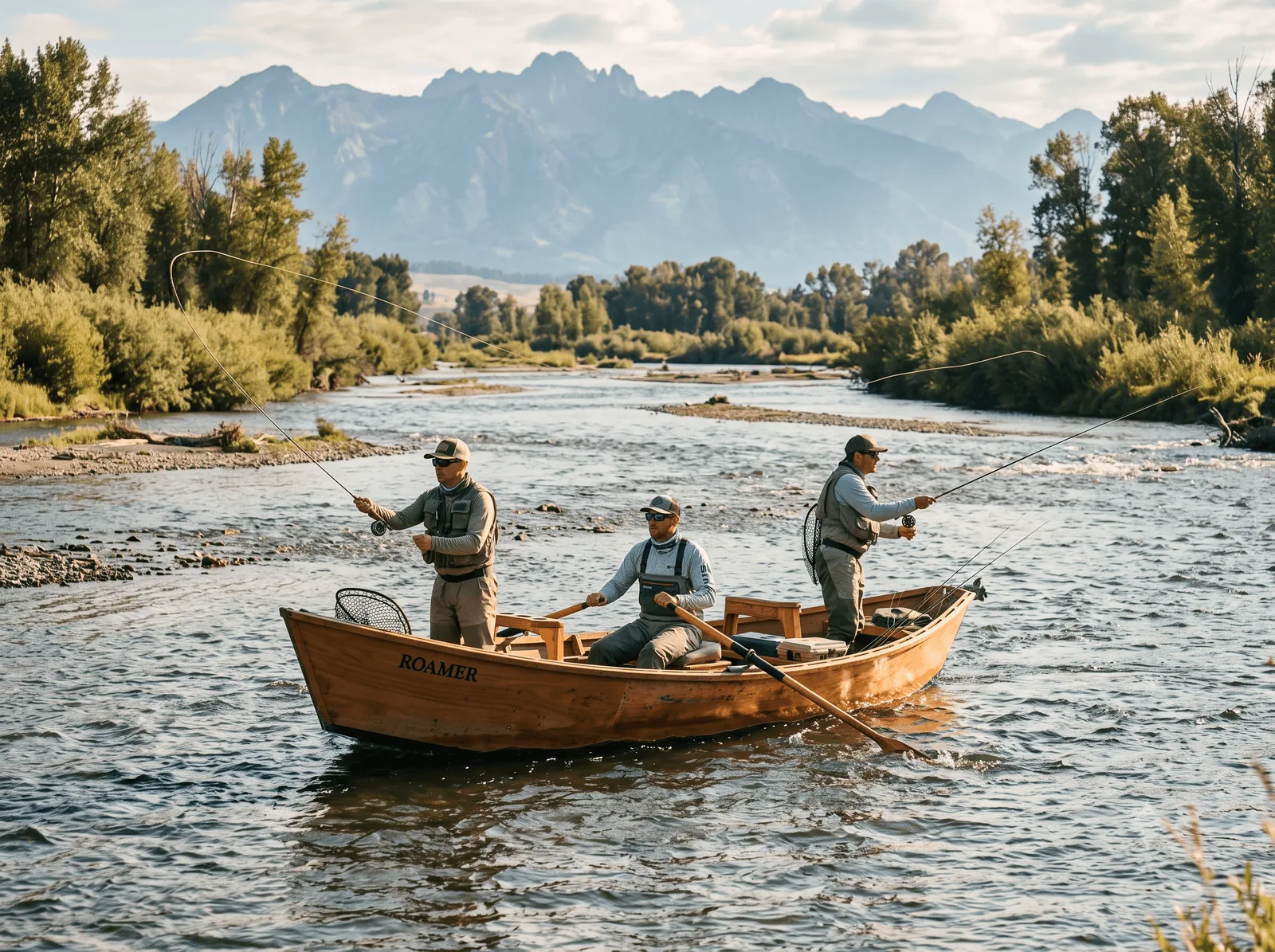 Drift boat on the Snake River below the Tetons