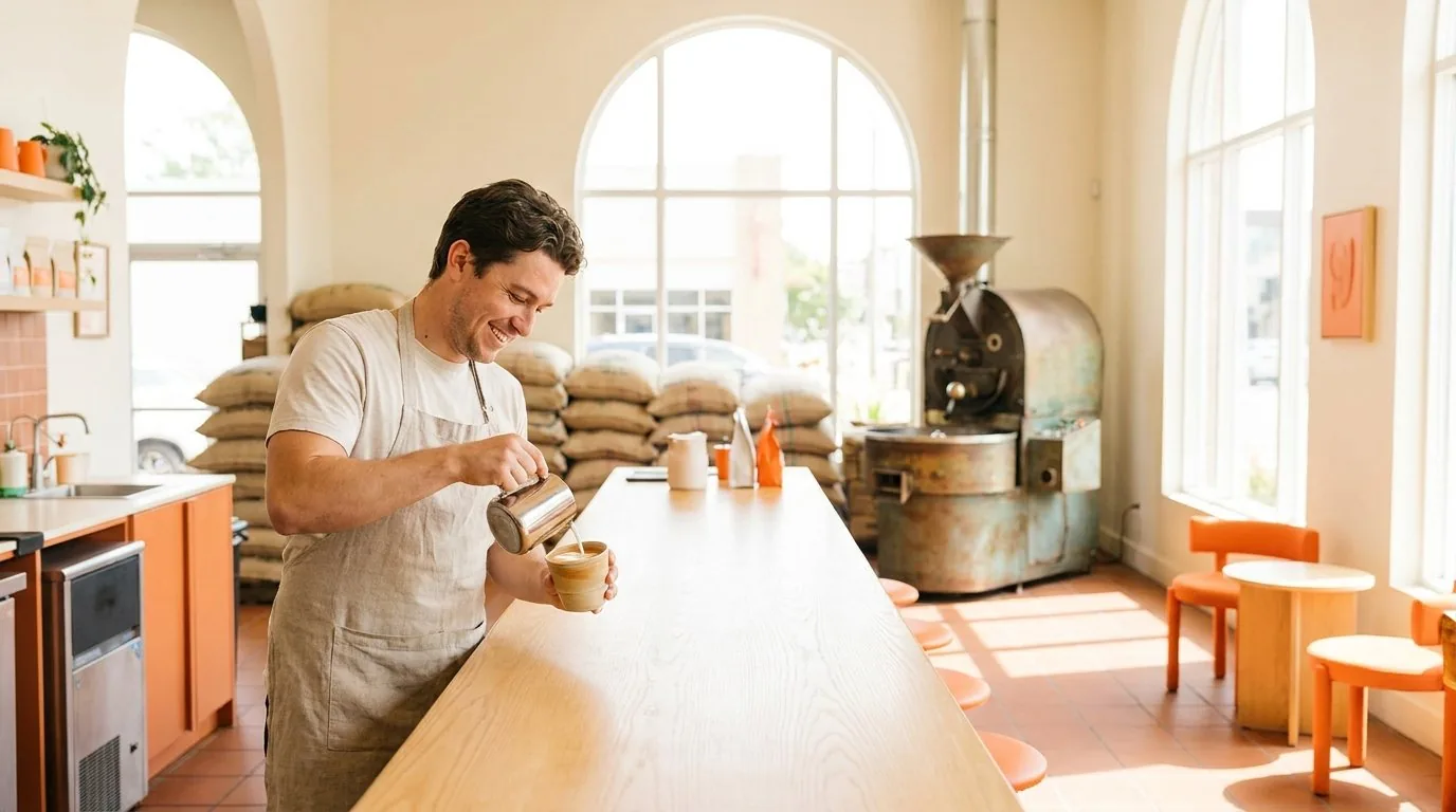 A barista pouring latte art at the sunlit Switchback roastery bar, drum roaster behind