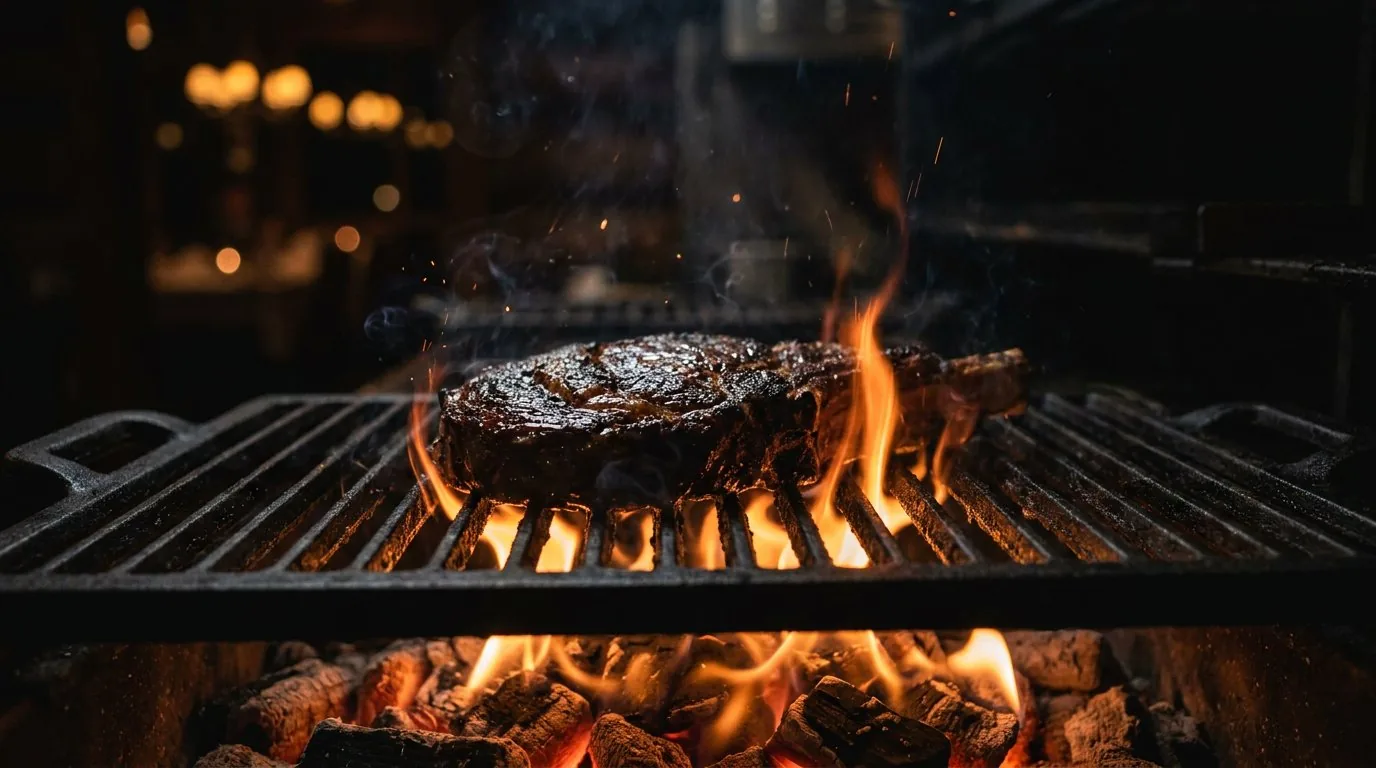 A thick-cut ribeye searing over live fire, embers rising against a dark dining room